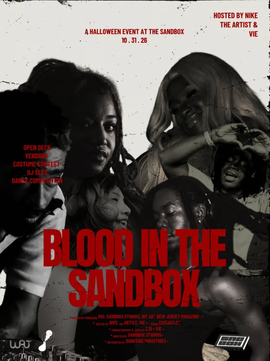 Blood in the Sandbox flyer — a Halloween event at the Sandbox, 10.31.26, hosted by Nike the Artist and Vie. Open deck, vendors, costume contest, DJ sets, dance competition.